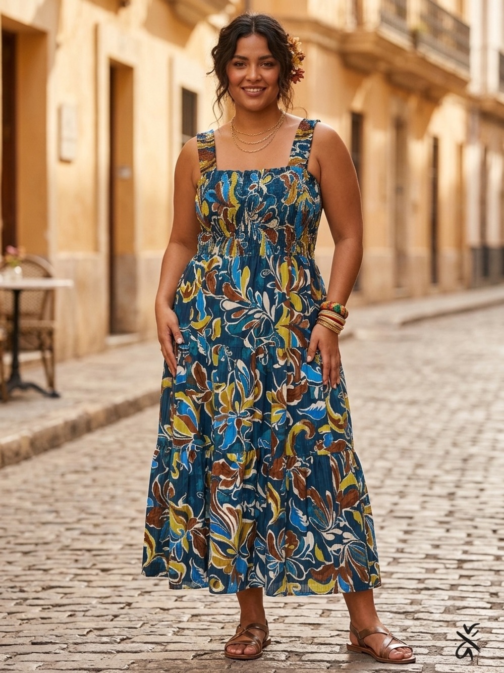 Anne Klein Teal Floral Smocked Midi Dress